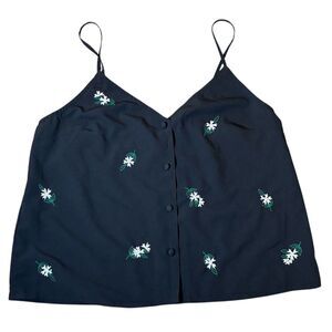 Topshop Women's Sz 10 Beaded Black Floral Spaghetti Strap Cami Tank Button